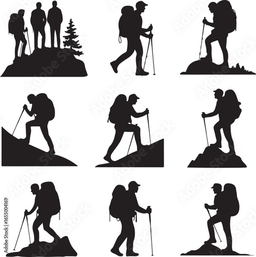 Silhouette collection of hikers with backpacks and trekking poles on white background hiking mountain