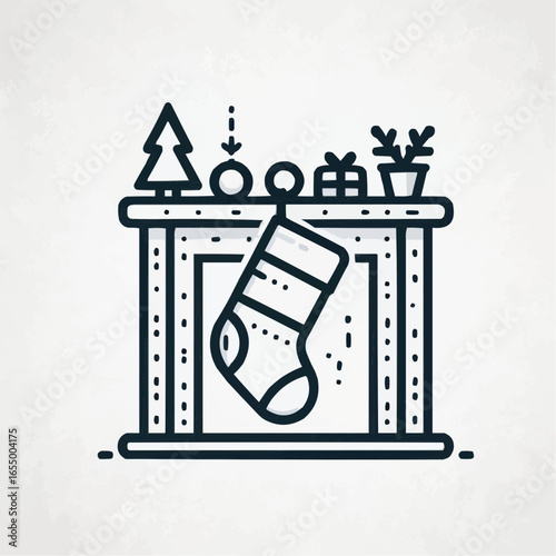 Christmas mantel with decorative elements and a stocking, cozy holiday illustration
