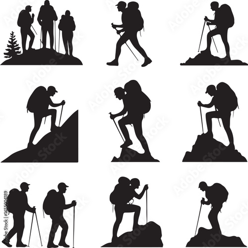 Group and individual hiker silhouettes with backpacks on mountain peaks trekking walking