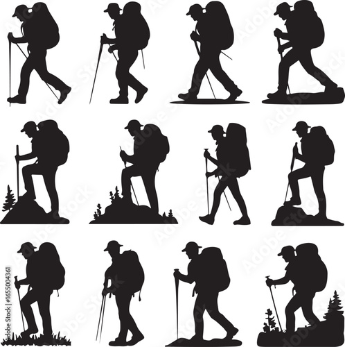 Set of silhouette hikers with backpacks and poles on varied terrain trekking walking