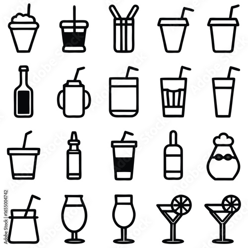 Collection of stylized beverage icons representing various drinks like cocktails and sodas