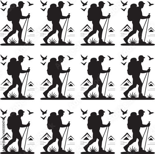 Silhouette pattern of hikers with backpacks and trekking poles walking vector illustration