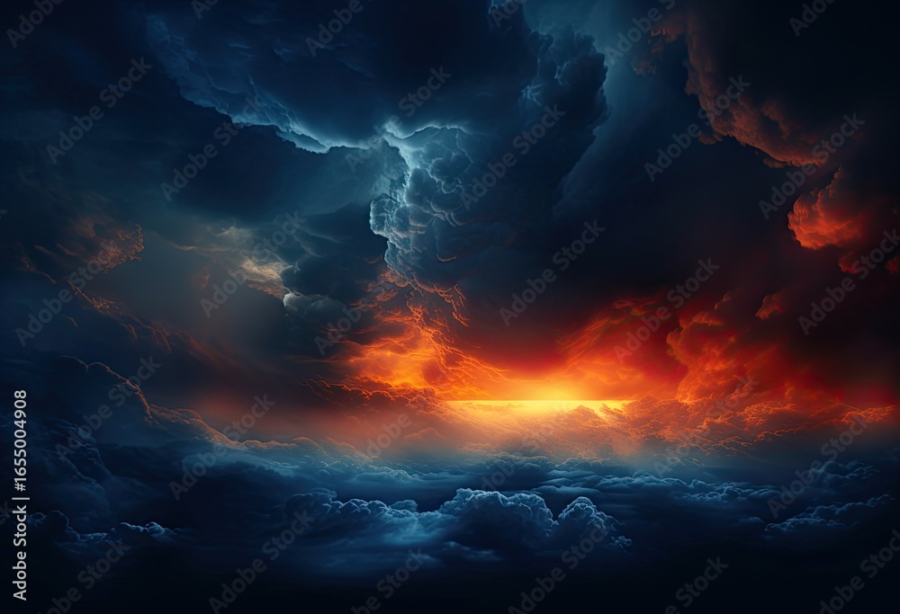 Fototapeta premium Dramatic turbulent sky with fiery horizon and ominous cloud.