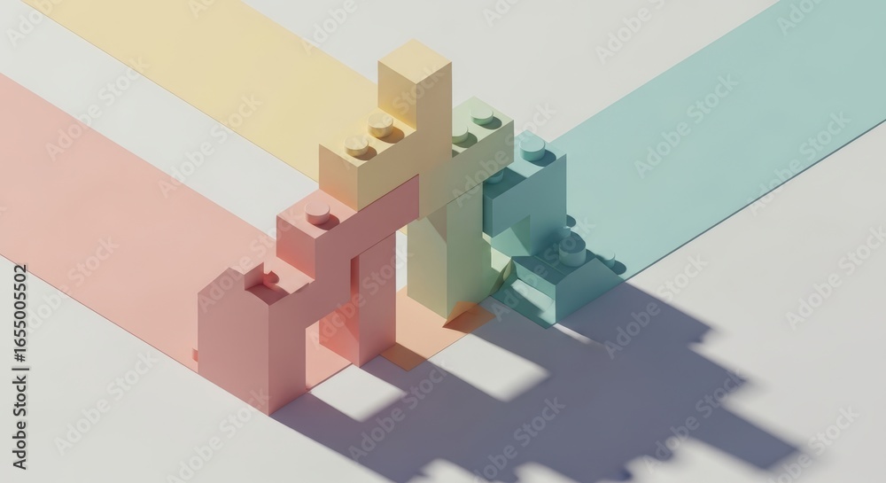 Naklejka premium Pastel Building Blocks Interconnected on Colored Stripes