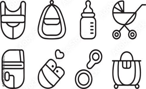 New Dad Essentials Outline Icons Baby Carrier, Diaper Bag, Bottle Warmer, Burp Cloth, Stroller, Baby Monitor, and First Fatherhood Must-Haves