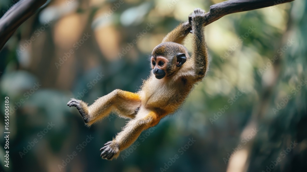 Naklejka premium Close-up of a baby monkey clinging to a branch.