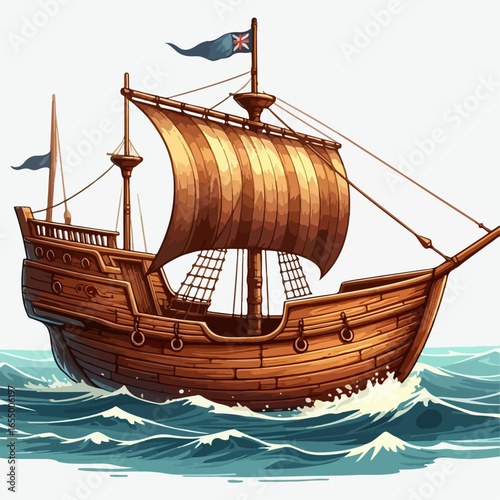 Vector illustration of Wooden boat on sea