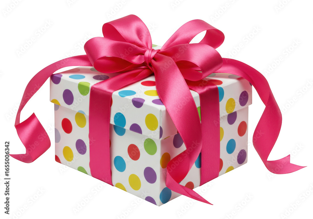 Obraz premium Colorful polka dot gift box with pink ribbon isolated on transparent background. use cases: birthday, present.