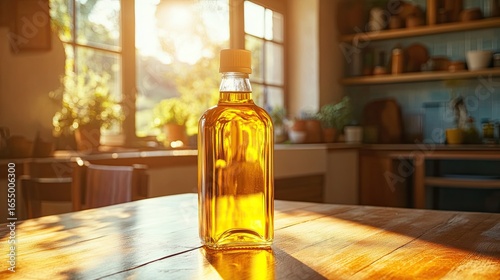 Golden Oil Bottle Glowing in Sunlight on Kitchen Table 