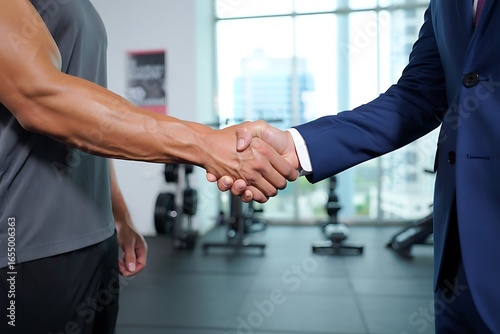 Two people shaking hands in a gym one in a suit and the other in workout clothes