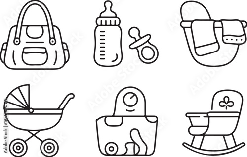 Fatherhood Tools Hand-Drawn Line Icon Set Diaper Bag, Baby Bottle, Carrier, Burp Cloth, Pacifier, Stroller, Baby Monitor, and Parenting Accessories