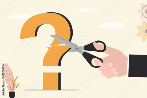 Businessman hand uses scissors and cutting giant question mark. Problem solving, brainstorming. Search for new ideas. Imagination, creativity. Employee overcoming obstacles