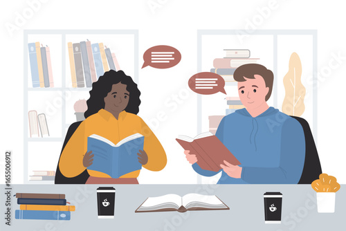 Motivated college students sitting at table and reading books. Cartoon multiethnic characters studying enjoying literature together. Lesson, reading time.