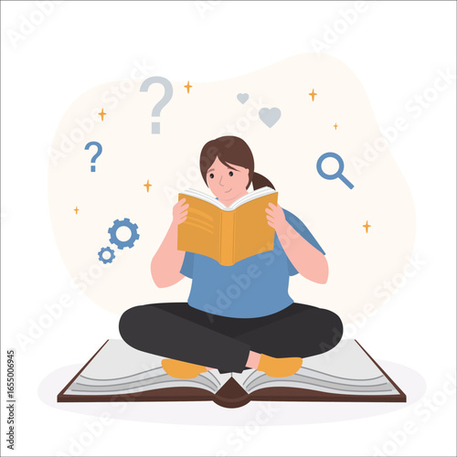 Smart woman sitting on opened book and read. Hobby, reading, imagination. Choosing literature to read or learn. Happy caucasian female character, bookworm