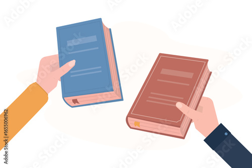 Bookcrossing, horizontal banner, landing page. Hands holding books, literature. Exchange, donation, buying textbooks. Read books lovers. World book day. World reading day.