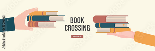 Bookcrossing, horizontal banner, landing page. Hands holding books, literature. Exchange, donation, buying textbooks. Read books lovers. World book day. World reading day.