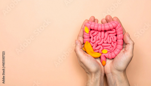 Sculpted colon and intestine with clay texture on peach background