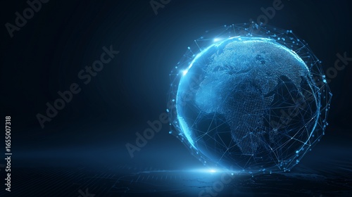 Futuristic blue Earth map with animated node connections, digital globe, glowing network, technology, data visualization, and global communication concept