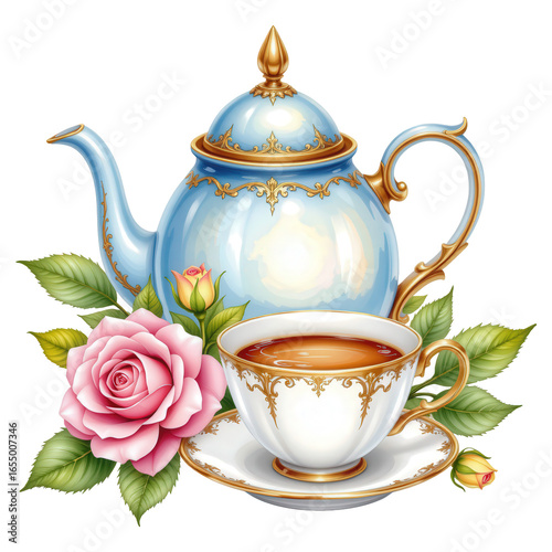 Elegant Tea Set with Rose Flowers on a Transparent background