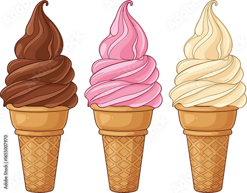 Delicious cartoon ice cream cones with chocolate, strawberry, and vanilla flavors, perfect for summer designs, food illustrations, dessert-themed graphics