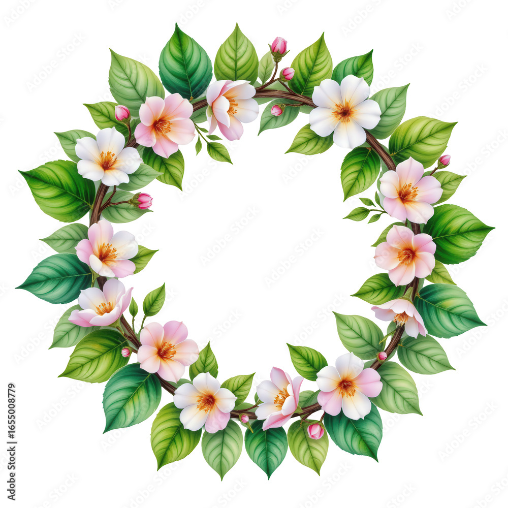 Fototapeta premium Delicate Floral Wreath with Elegant Blooms and Green Leaves