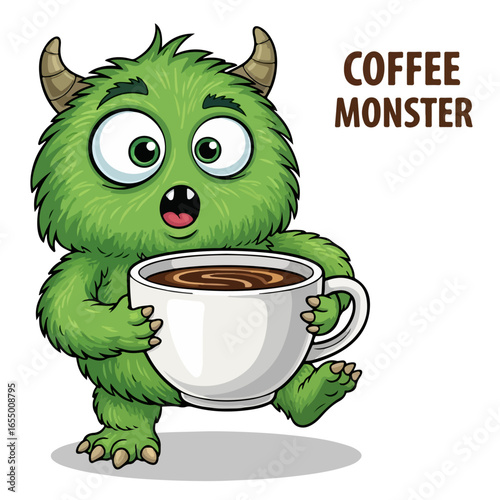  Cute "Coffee Monster" Cartoon Character Vector Holding a Mug