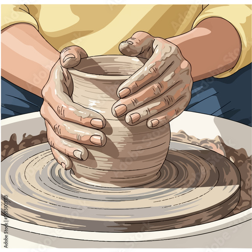 Close-up Vector of Artisan Hands Shaping Clay on a Pottery Wheel