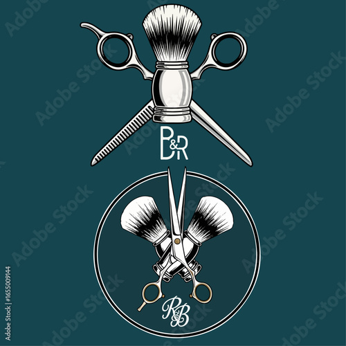 Professional barber tools coat of arms logo with scissors and brush