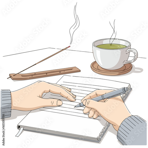 Top View Vector of a Creative Workspace with Hands Drawing on Paper (Flat Lay)