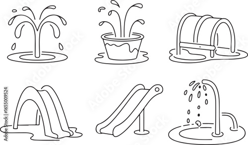 Kids Water Play Vector Icons Splash Fountain, Spray Jets, Dumping Bucket, Mist Tunnel, Water Slide, and Interactive Aquatic Playground Line Art Collection