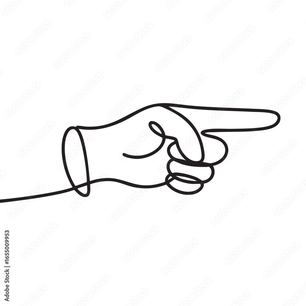 Obraz premium Continuous line drawing of a hand with the index finger pointing to the right on a white background