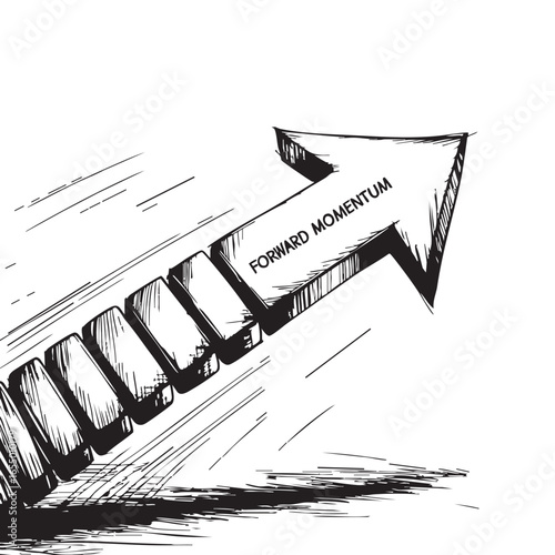 A black and white sketch of a forward momentum arrow with blocks leading to the arrow head design