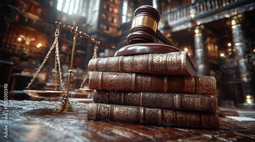 Legal books, scales, and gavel in courtroom