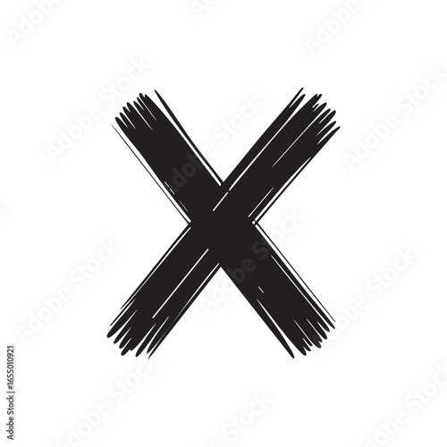 A black and white image featuring a bold x shape created with rough brush strokes on a white background