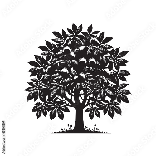 Black Color Chestnut Tree Silhouette Vector Illustration, Solid White Background.