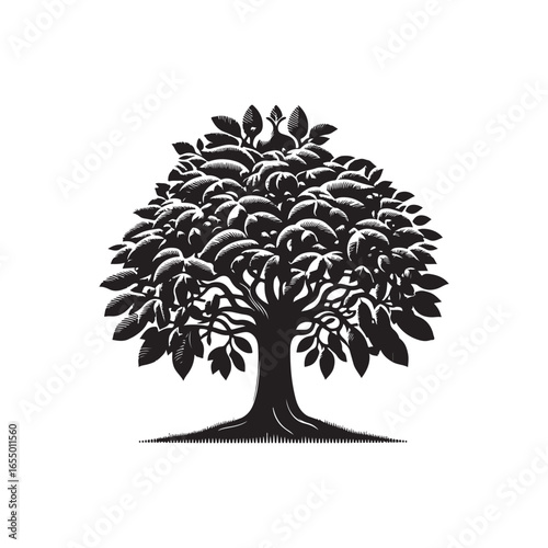 Black Color Chestnut Tree Silhouette Vector Illustration, Solid White Background.