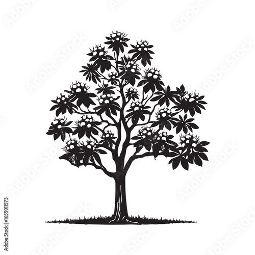 Black Color Chestnut Tree Silhouette Vector Illustration, Solid White Background.