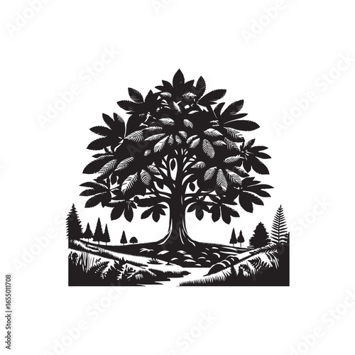 Black Color Chestnut Tree Silhouette Vector Illustration, Solid White Background.