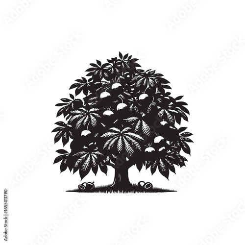 Black Color Chestnut Tree Silhouette Vector Illustration, Solid White Background.
