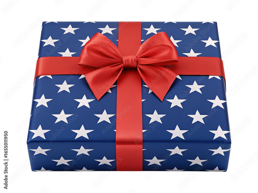 Fototapeta premium American flag themed gift box wrapped in stars and stripes with a red ribbon and bow isolated on transparent background