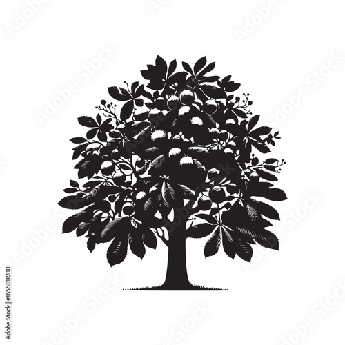 Black Color Chestnut Tree Silhouette Vector Illustration, Solid White Background.