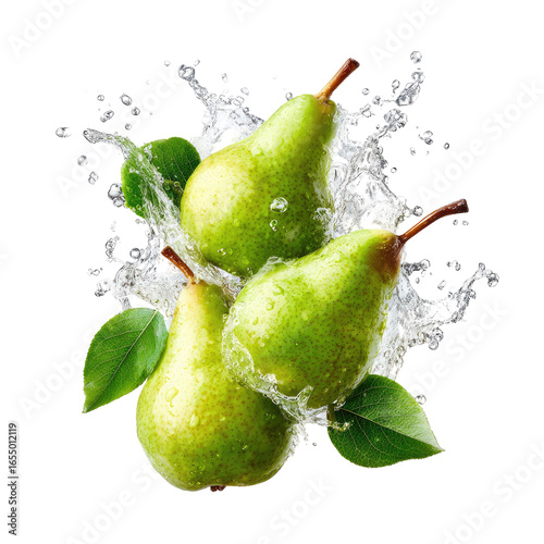 Three green pears splash in water, fresh fruit with leaves