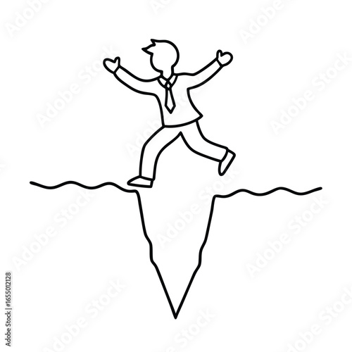 Businessman jumping over a deep chasm leaping crossing