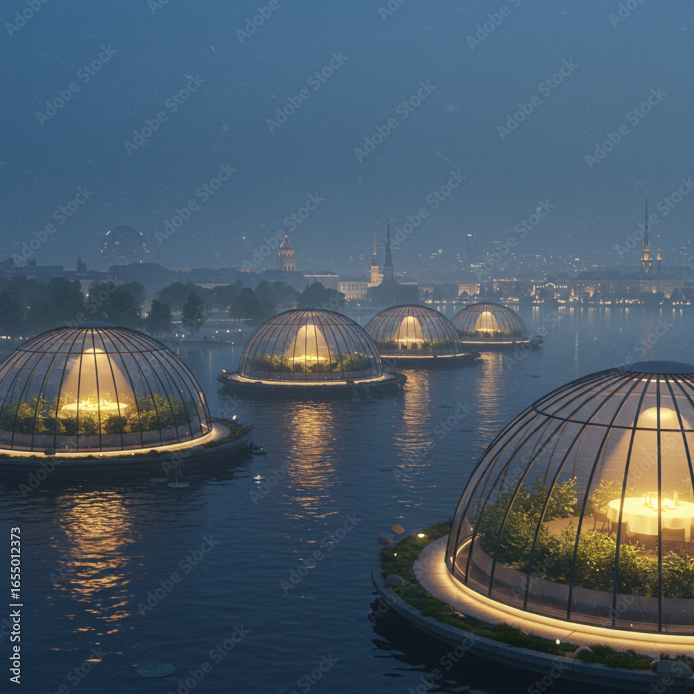 Obraz premium Floating domes on the water at night with city skyline in the background