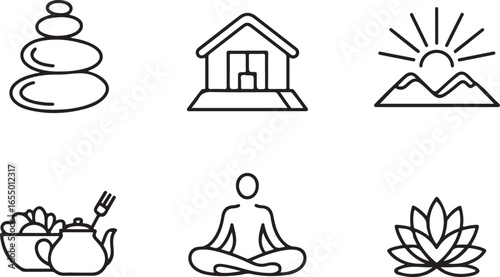Holistic Travel Vector Icons Spa Stones, Mountain Retreat, Yoga Mat, Healthy Meal, Meditation Pose, Herbal Tea, and Nature Relaxation Line Art Collection