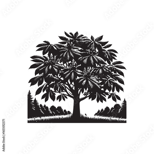 Black Color Chestnut Tree Silhouette Vector Illustration, Solid White Background.