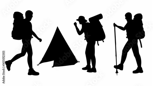 Silhouetted hikers with backpacks and tent illustrating outdoor adventure and camping expedition scene design |  editable eps vectors