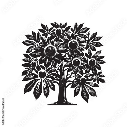 Black Color Chestnut Tree Silhouette Vector Illustration, Solid White Background.