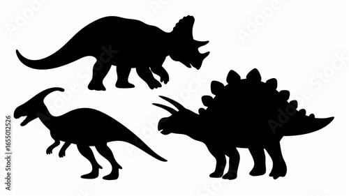 Silhouettes of triceratops, parasaurolophus, and stegosaurus dinosaurs against a white background scene |  editable eps vectors