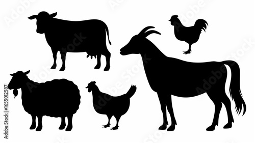 Silhouette illustration displaying several farm animals including a cow goat sheep and two chickens |  editable eps vectors